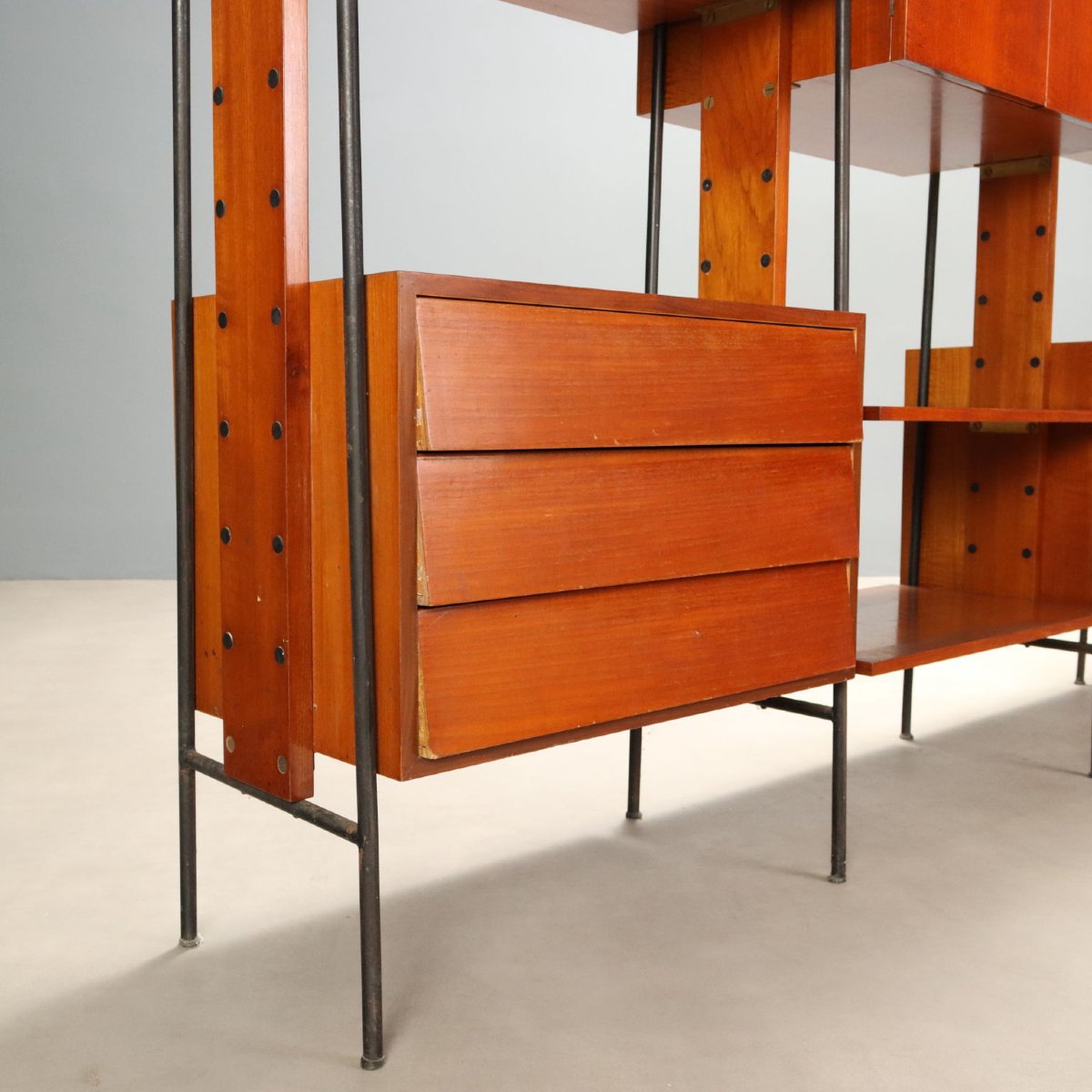 Libreria Vintage Teak Metallo Ante Cassetti Italia Design Anni 60 Originale-photo-4