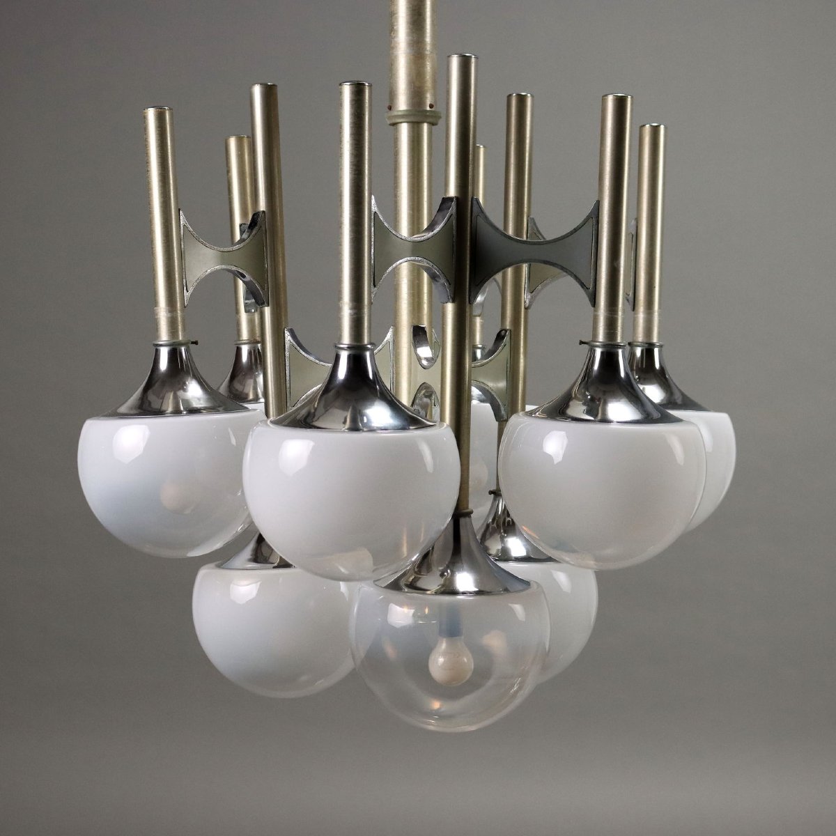Lampada a Sospensione Vintage Acciaio Vetro Italia Anni 60-70 Originale-photo-3
