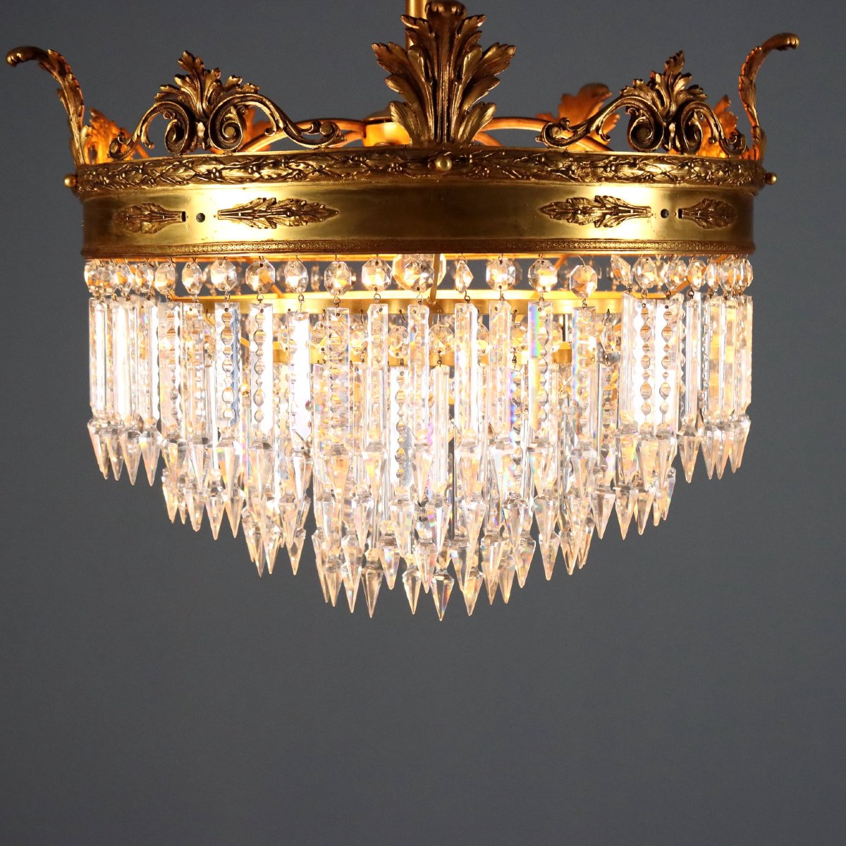 Coppia di Lampadari Stile Impero in Metallo Dorato Italia Inizio XX Secolo-photo-3