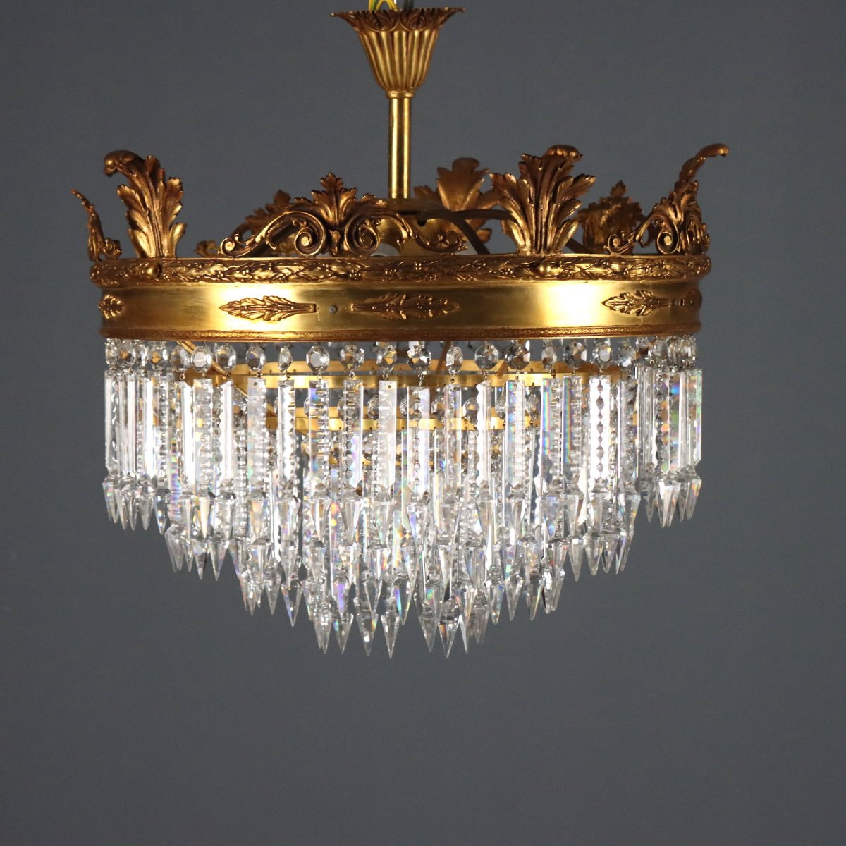 Coppia di Lampadari Stile Impero in Metallo Dorato Italia Inizio XX Secolo-photo-5