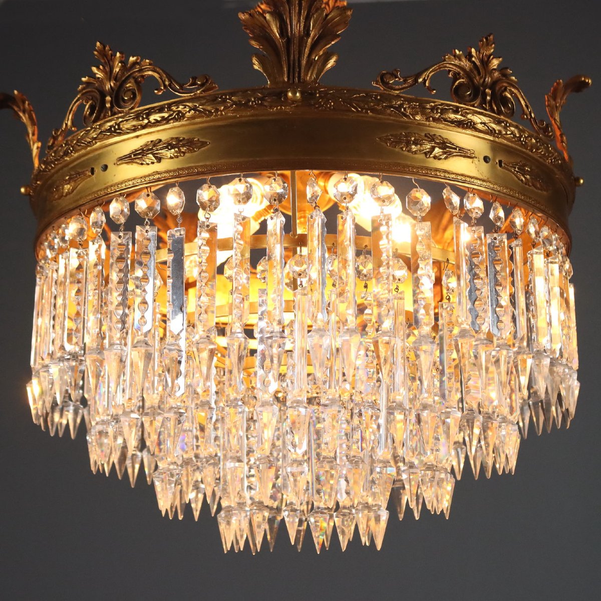 Coppia di Lampadari Stile Impero in Metallo Dorato Italia Inizio XX Secolo-photo-6