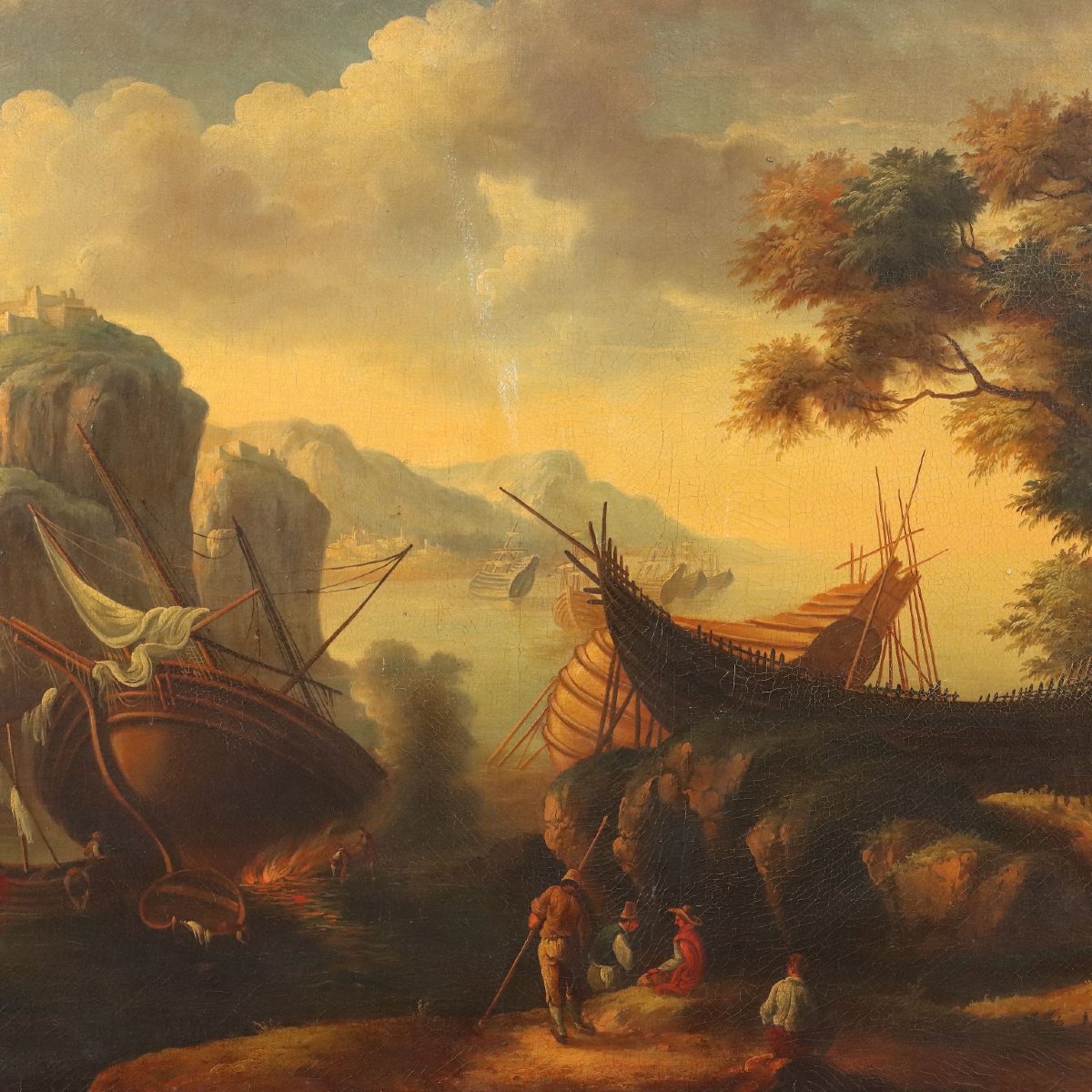 Paesaggio Marino e Barca Dipinto Antico Olio su Tela Italia XX Secolo Originale-photo-3