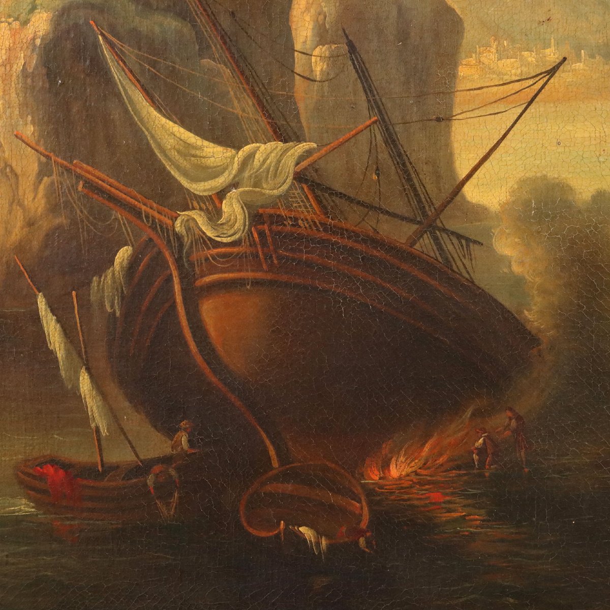 Paesaggio Marino e Barca Dipinto Antico Olio su Tela Italia XX Secolo Originale-photo-1