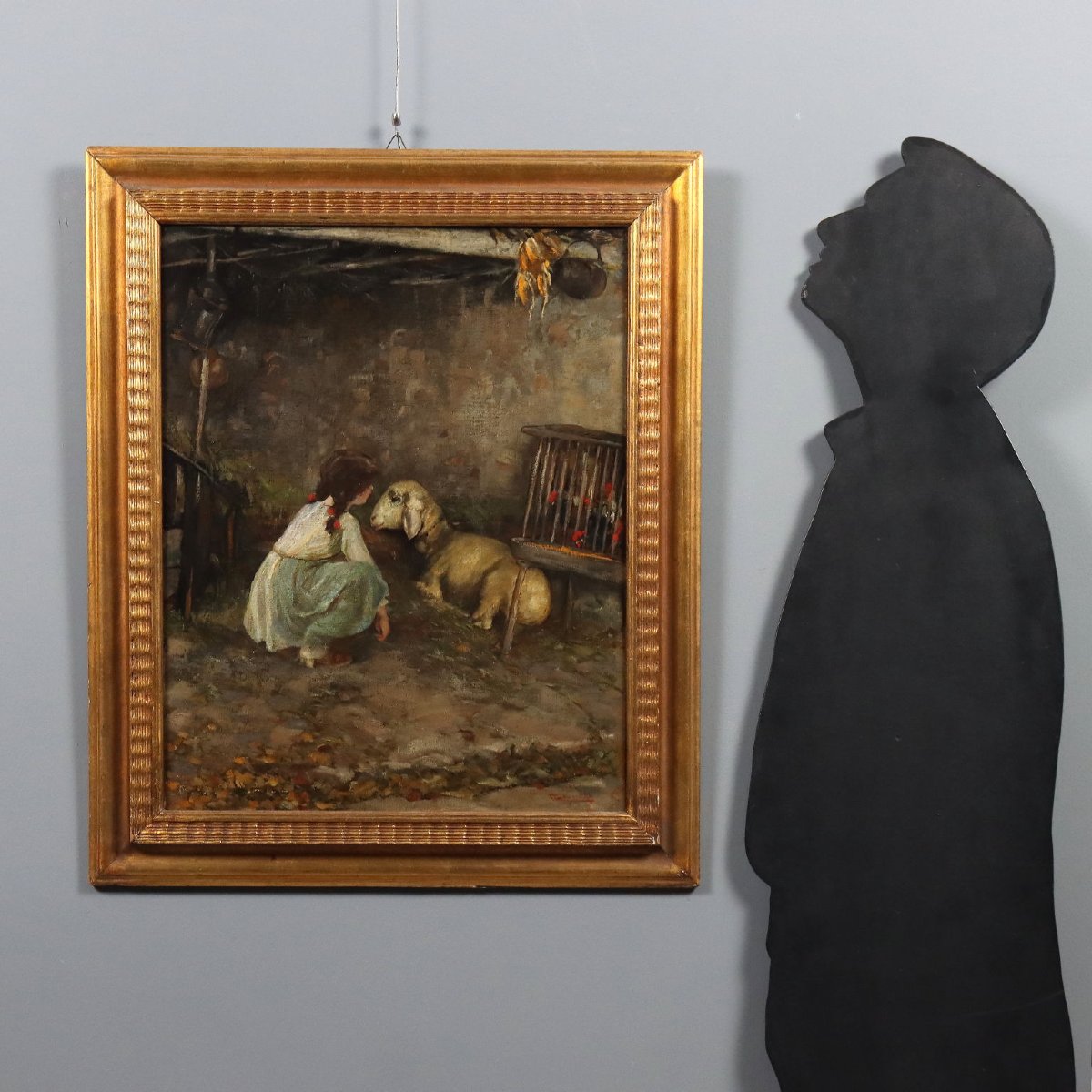 'Cesare Laurenti' La Bambina e la Pecora Dipinto Olio su Tela XX Secolo Firmato-photo-2