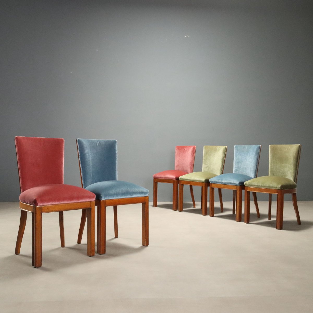 Set 6 Sedie Vintage Faggio Velluto Multicolori Italia Design Anni 50 Originali