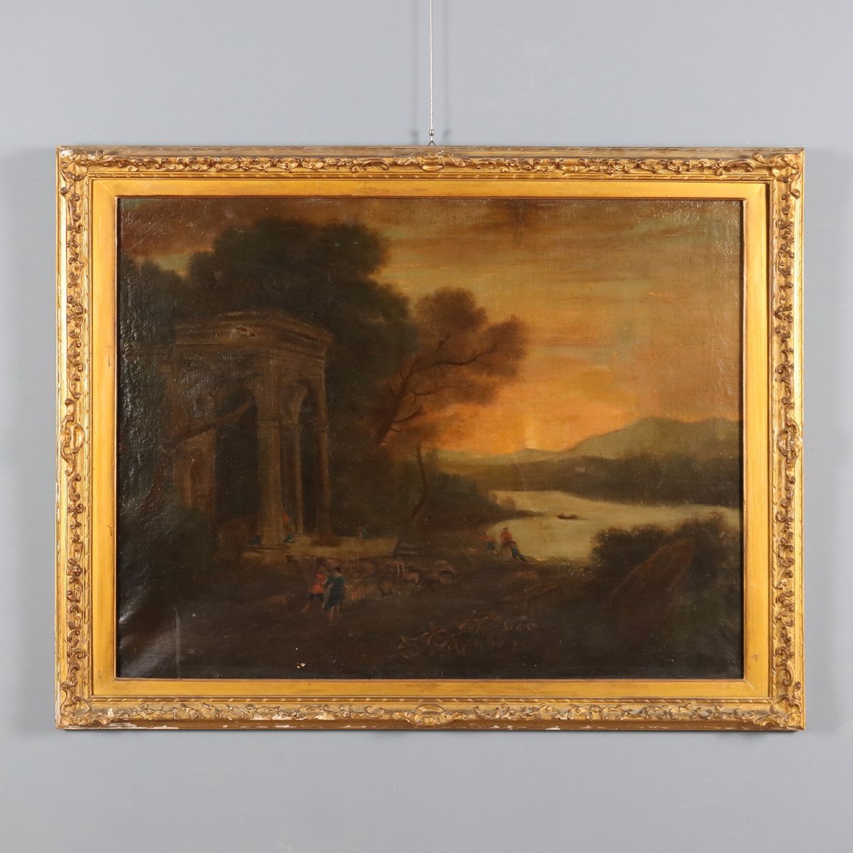 Dipinto Antico Paesaggio con Figure e Architettura Olio su Tela '700 Originale