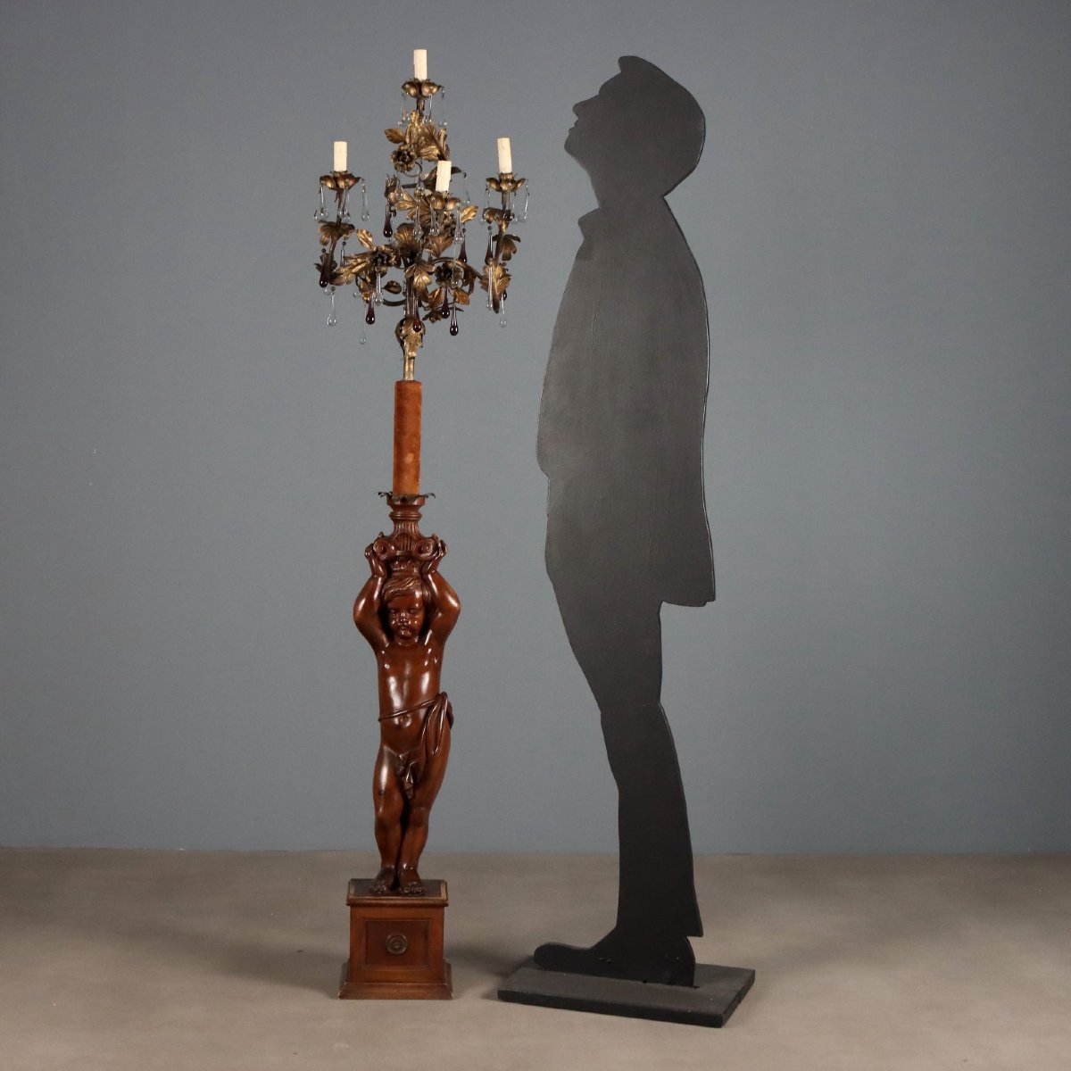 Lampada da Terra con Putto in Legno - Italia XIX Secolo-photo-2