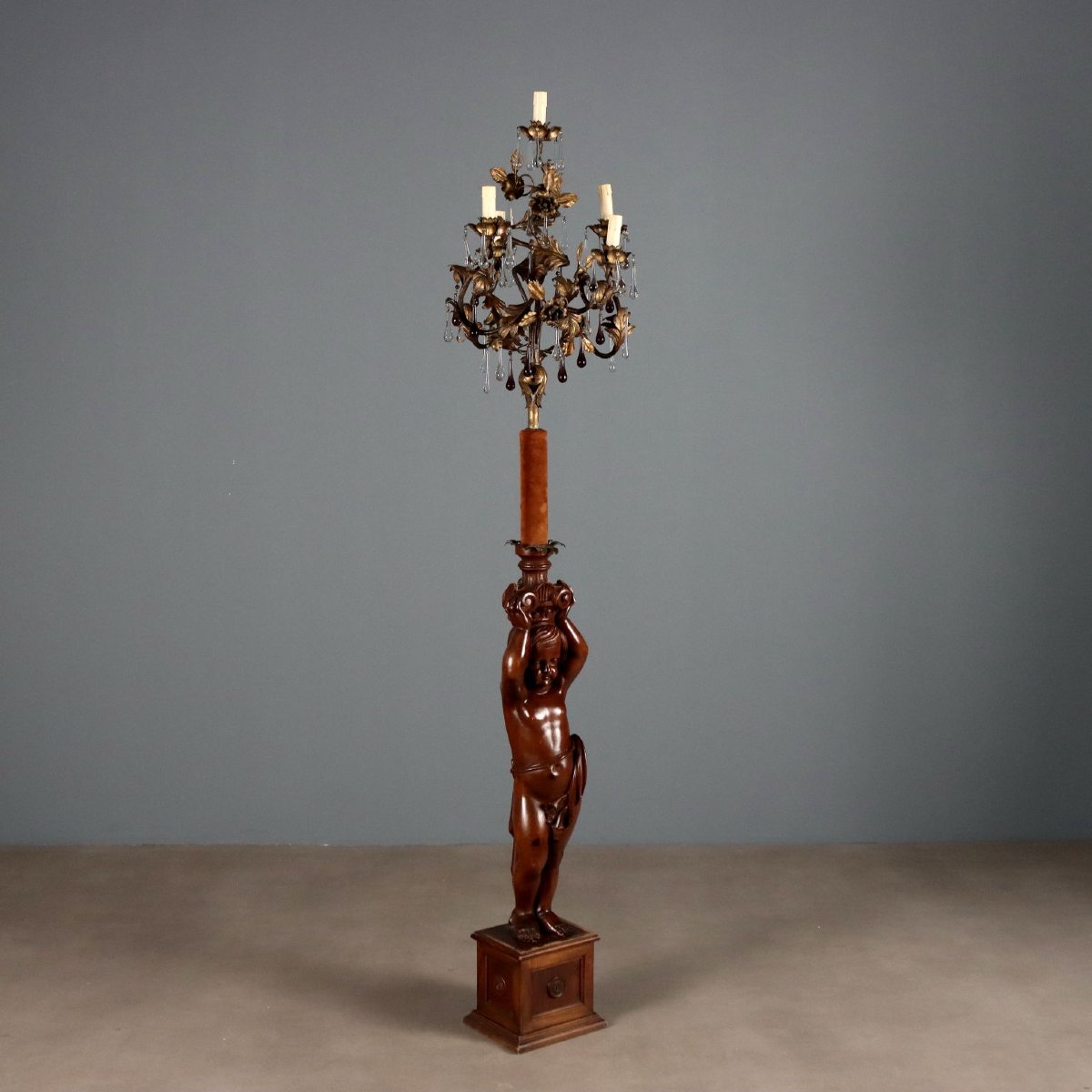 Lampada da Terra con Putto in Legno - Italia XIX Secolo