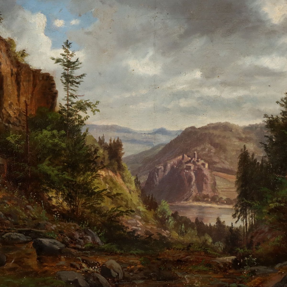 Dipinto Antico Ernst Gustav Doerell Paesaggio Montano XIX Secolo Originale-photo-3
