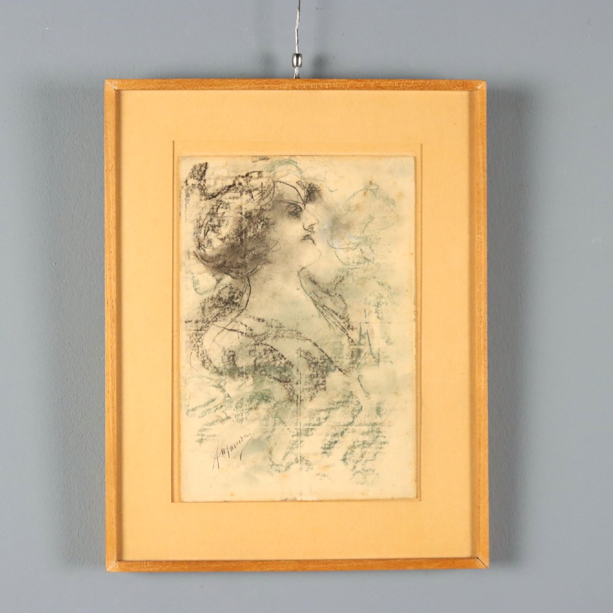 'Antonio Mancini' Volto Femminile Disegno Firmato Tecnica Mista XIX Secolo