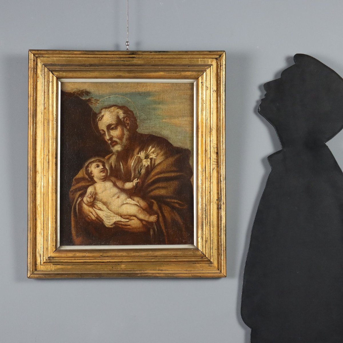 Dipinto Antico San Giuseppe con Bambin Gesù Olio su Tela Italia XVII Secolo-photo-2