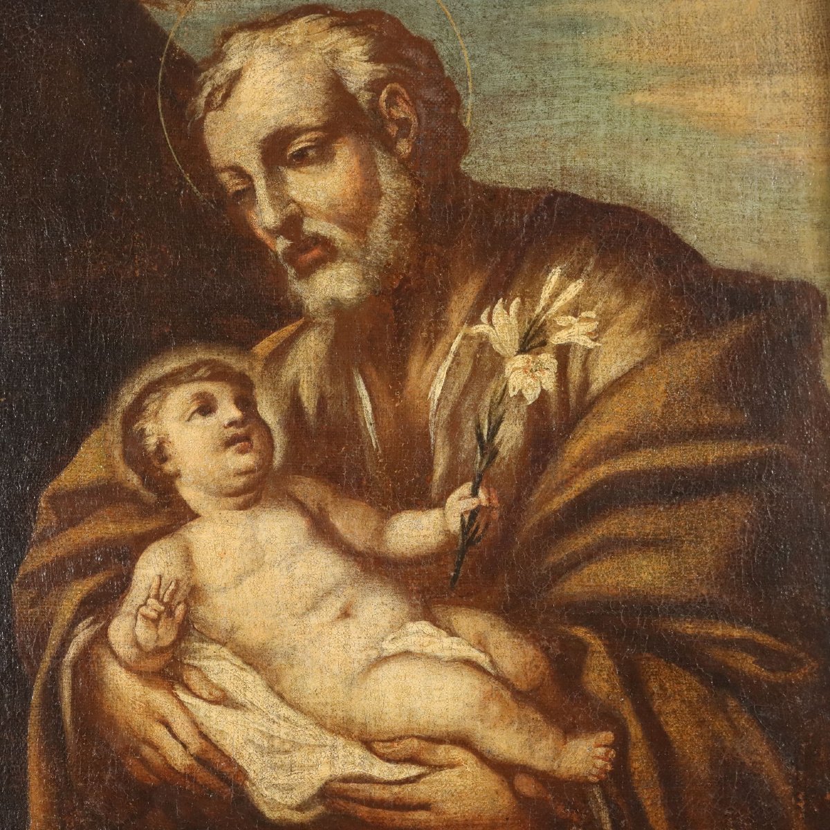 Dipinto Antico San Giuseppe con Bambin Gesù Olio su Tela Italia XVII Secolo-photo-3