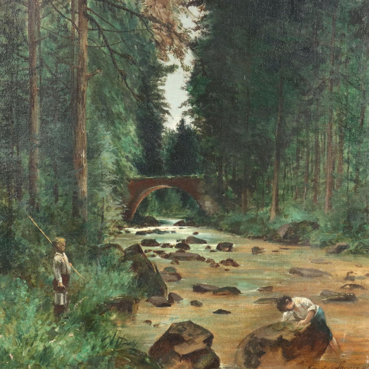 Paesaggio Boschivo di Tristan Lacroix Dipinto Antico Olio su Tela 1883 Originale-photo-4