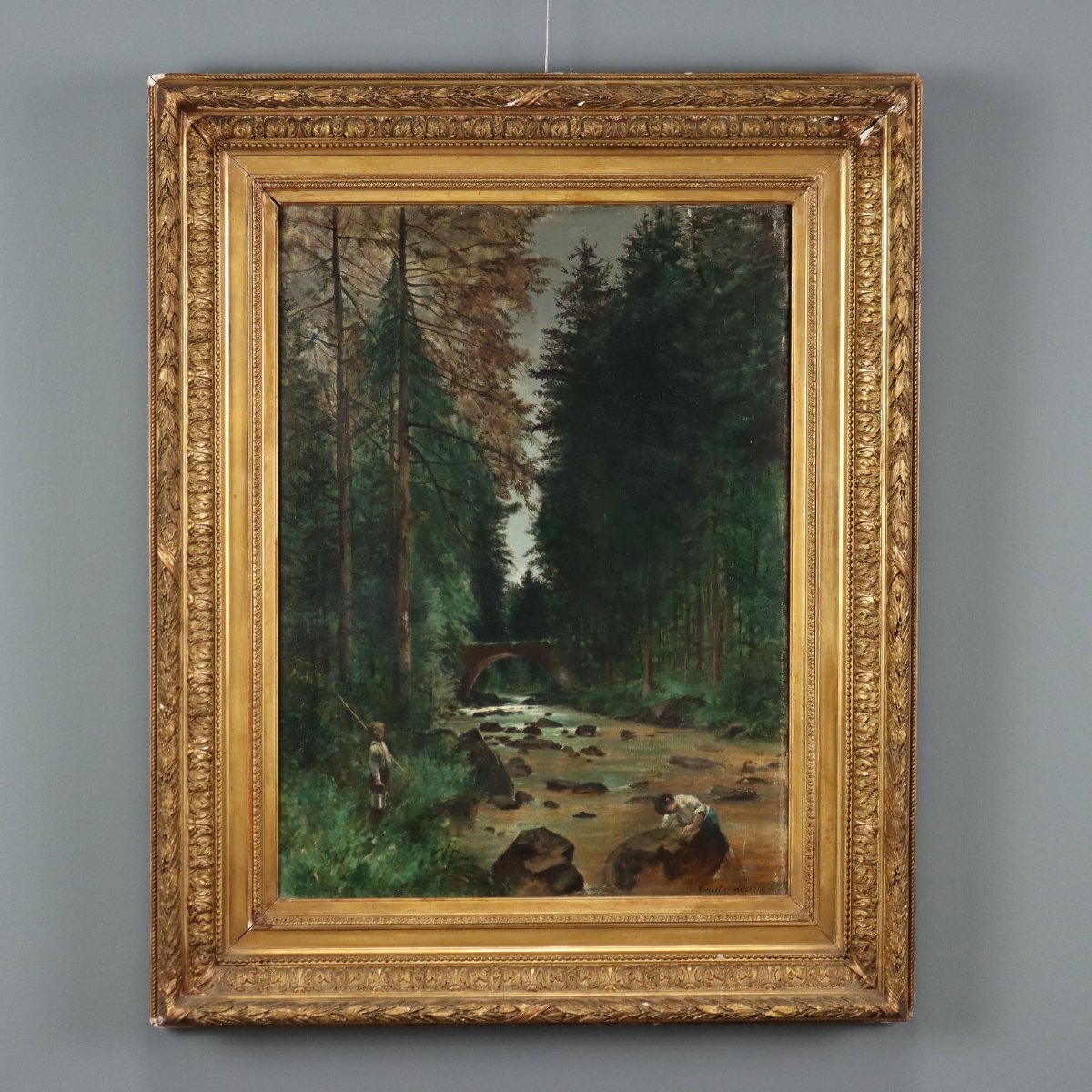 Paesaggio Boschivo di Tristan Lacroix Dipinto Antico Olio su Tela 1883 Originale