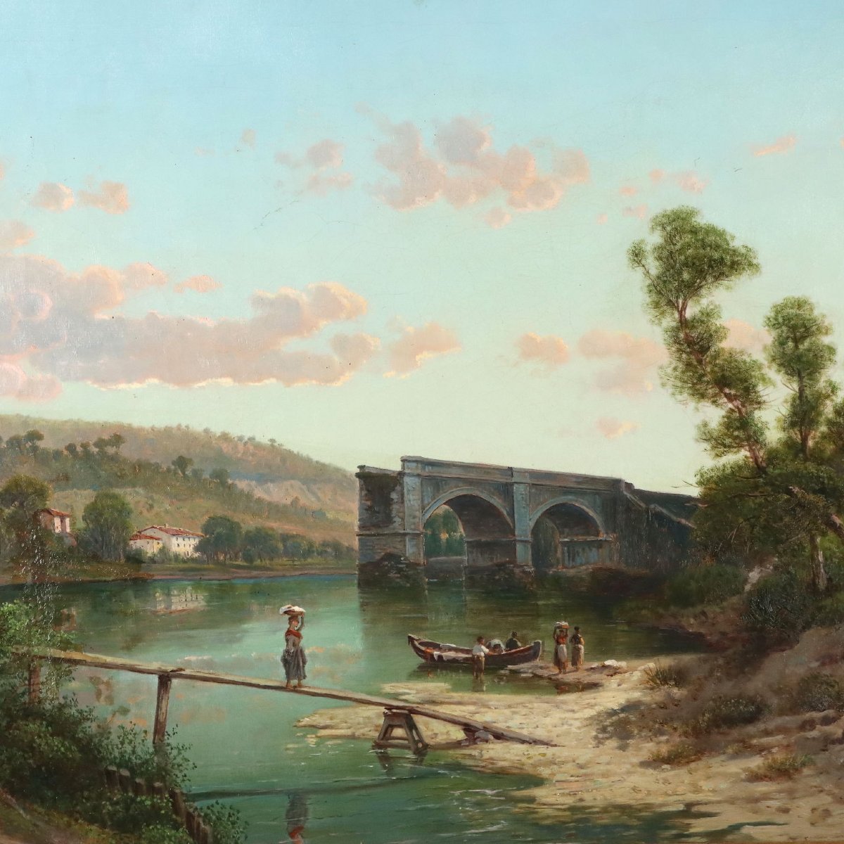 Emilio Donnini Dipinto Antico Paesaggio con Fiume e Figure XIX Secolo Firmato-photo-3