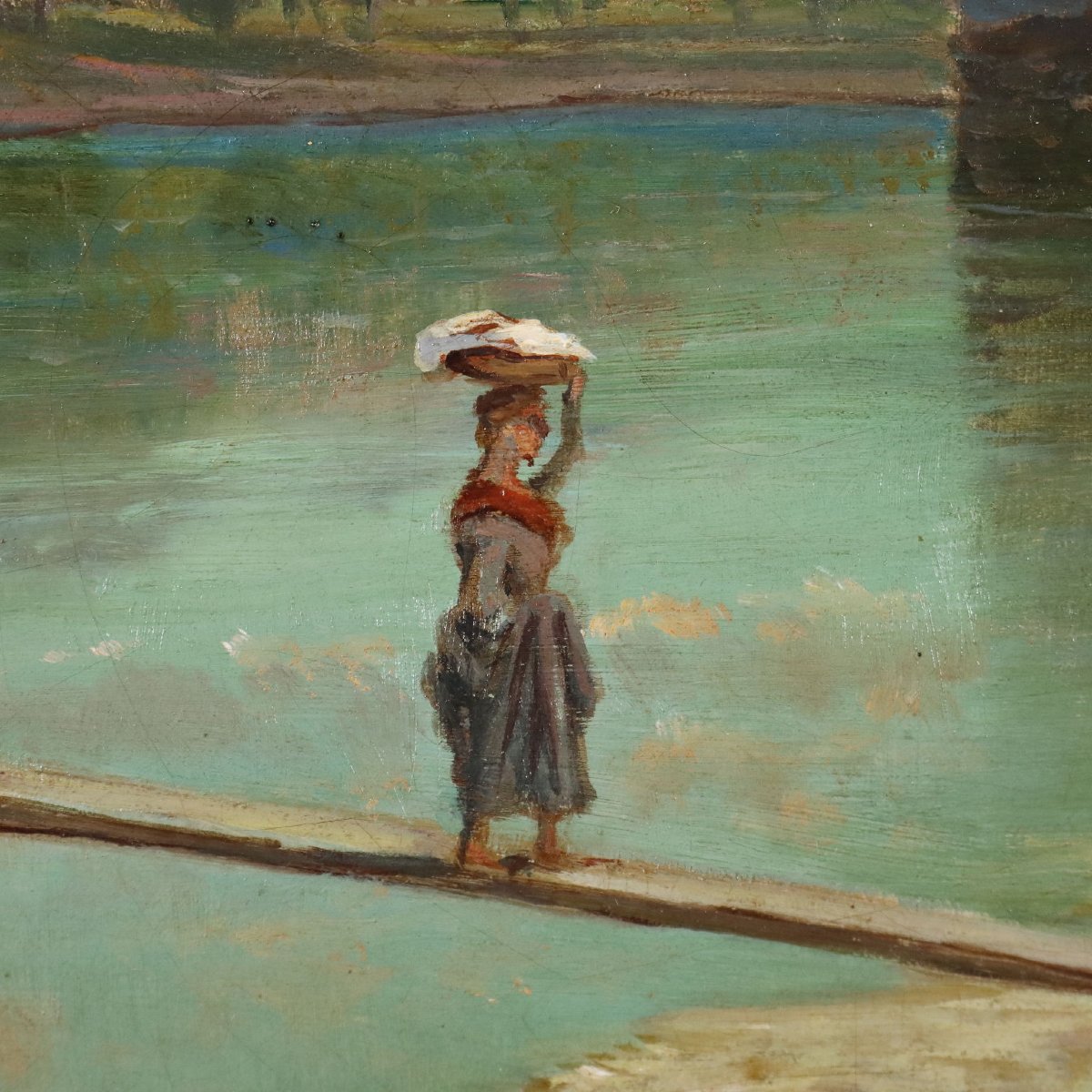 Emilio Donnini Dipinto Antico Paesaggio con Fiume e Figure XIX Secolo Firmato-photo-4