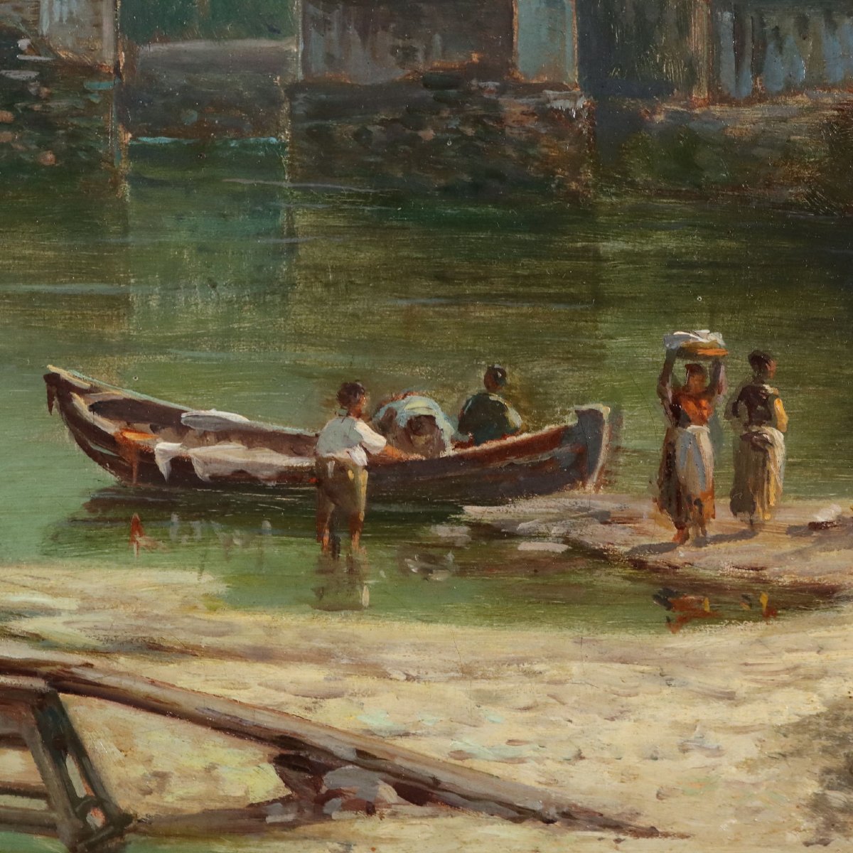 Emilio Donnini Dipinto Antico Paesaggio con Fiume e Figure XIX Secolo Firmato-photo-1
