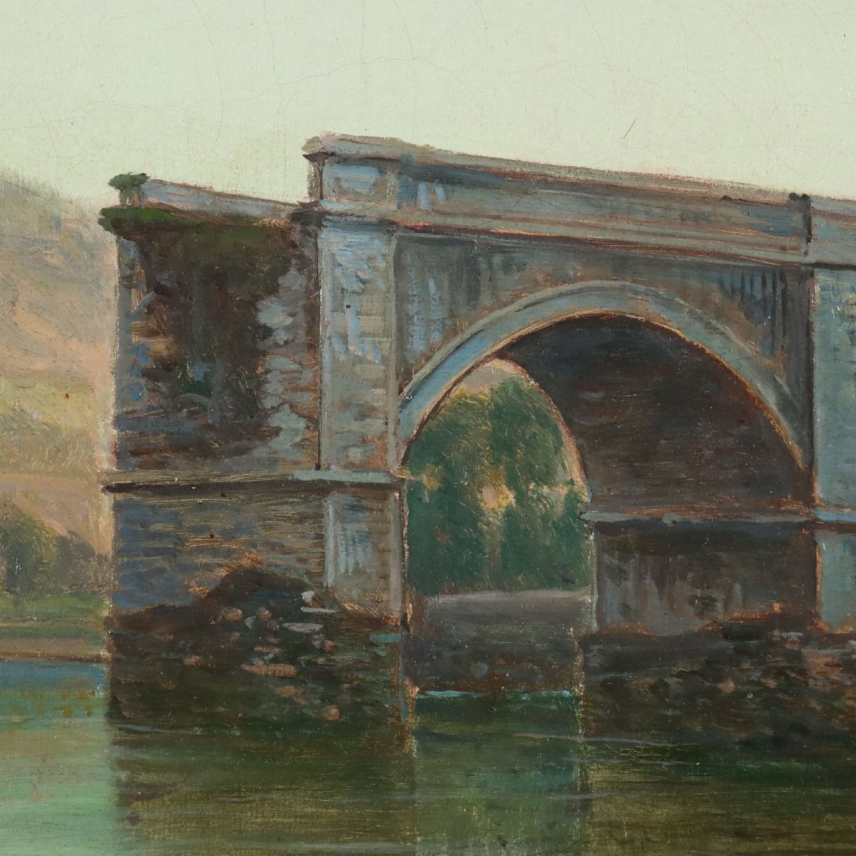 Emilio Donnini Dipinto Antico Paesaggio con Fiume e Figure XIX Secolo Firmato-photo-2