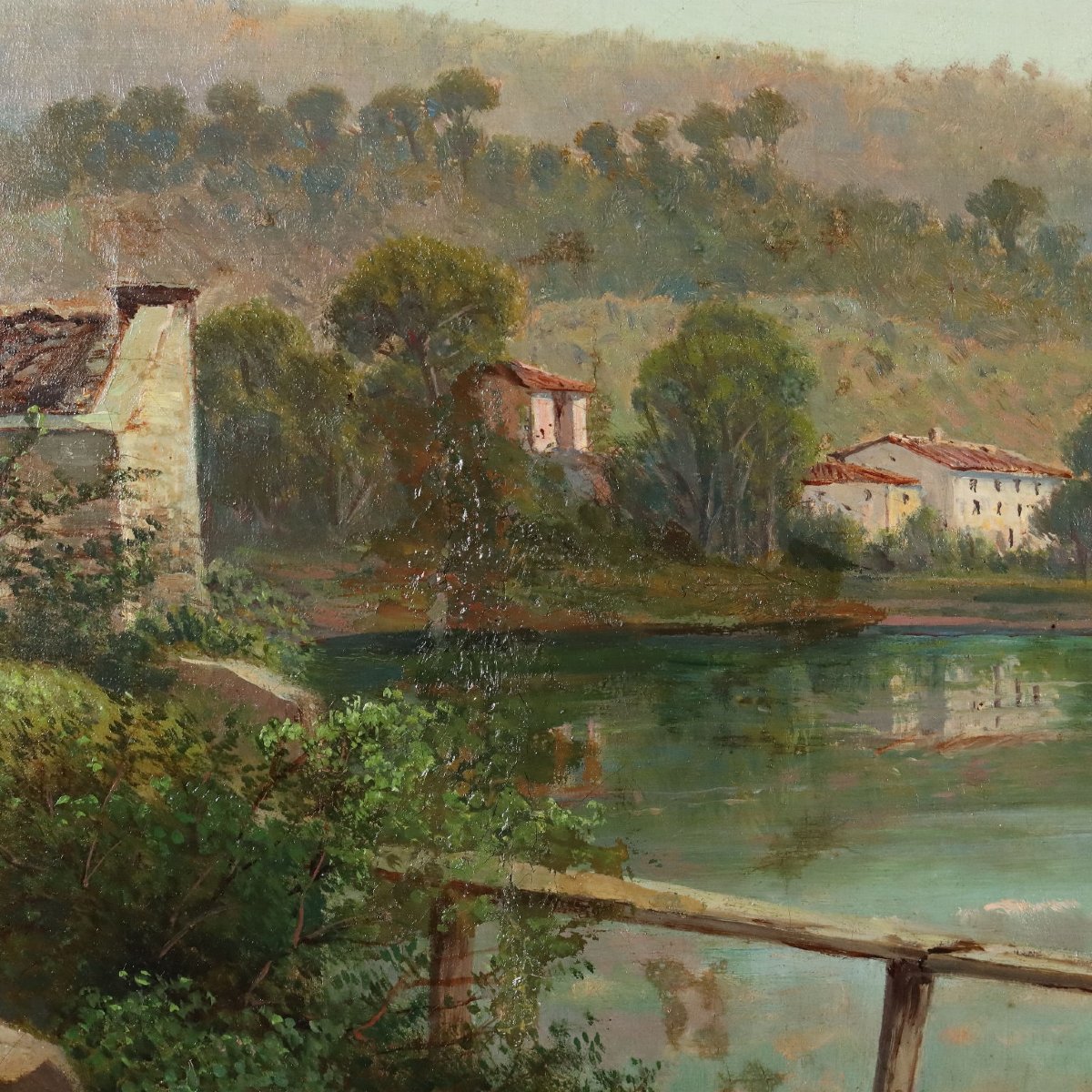 Emilio Donnini Dipinto Antico Paesaggio con Fiume e Figure XIX Secolo Firmato-photo-3
