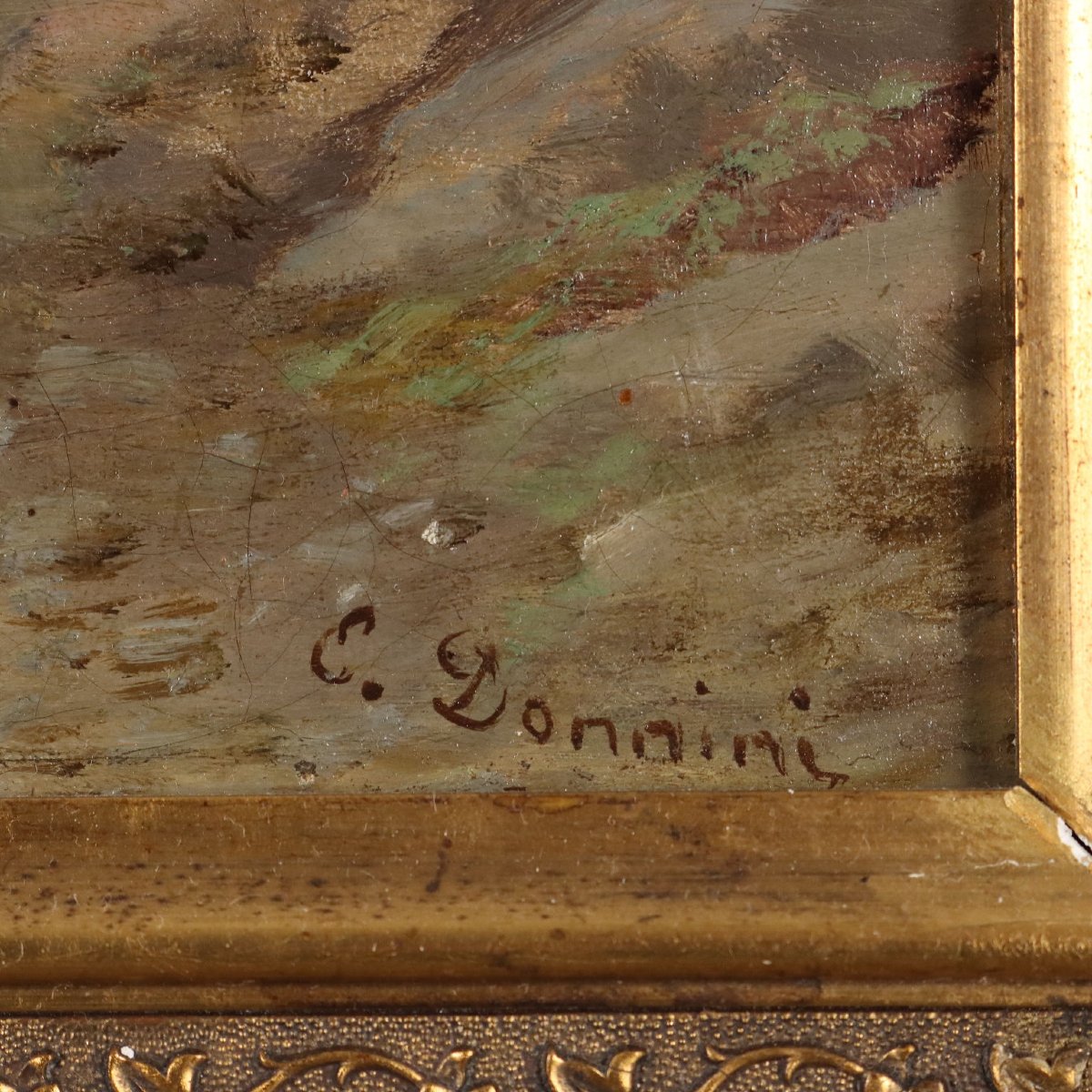 Emilio Donnini Dipinto Antico Paesaggio con Fiume e Figure XIX Secolo Firmato-photo-4