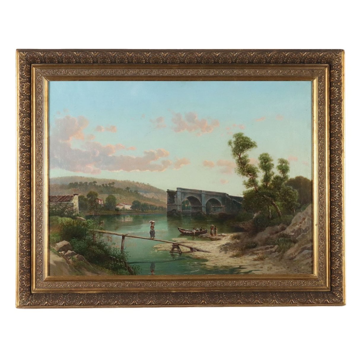 Emilio Donnini Dipinto Antico Paesaggio con Fiume e Figure XIX Secolo Firmato