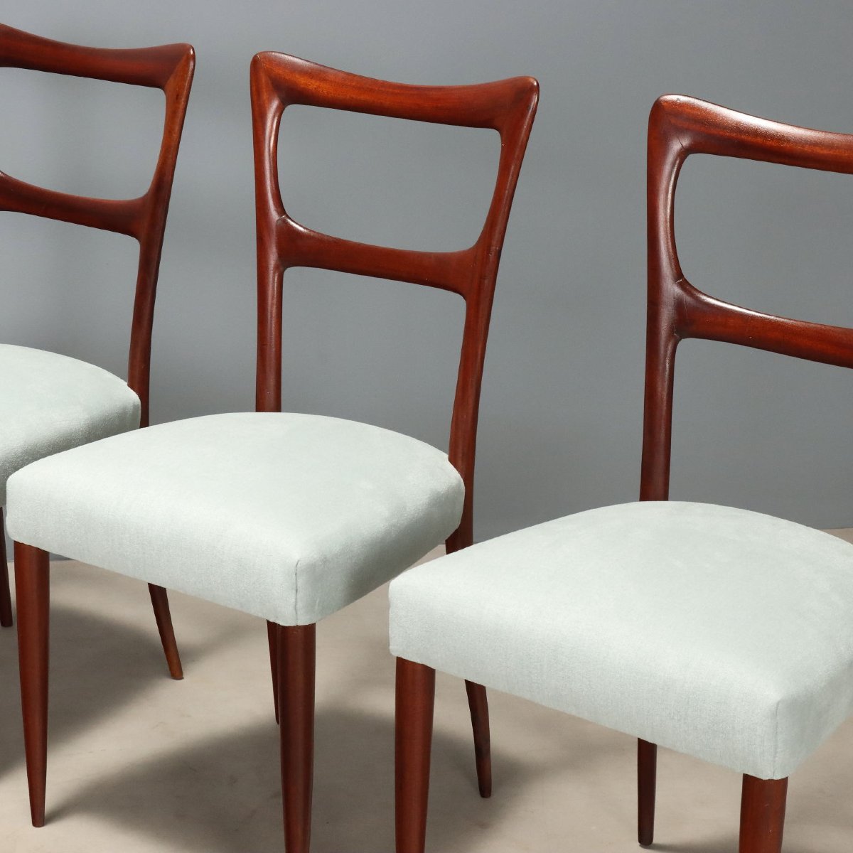 Sedie Vintage Mogano Tessuto Bianco Rinnovato Design Italia Anni 50 Originali-photo-3