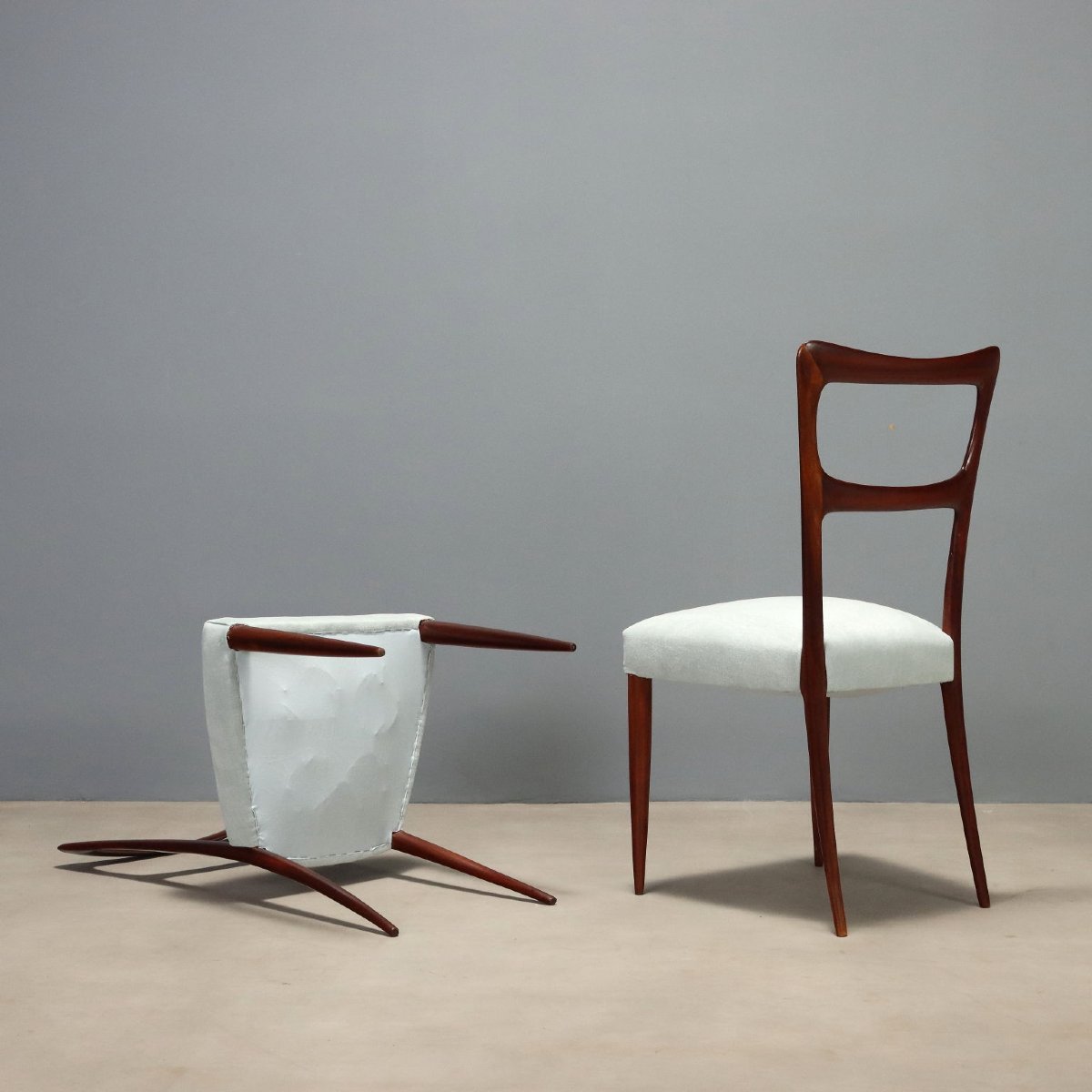 Sedie Vintage Mogano Tessuto Bianco Rinnovato Design Italia Anni 50 Originali-photo-4