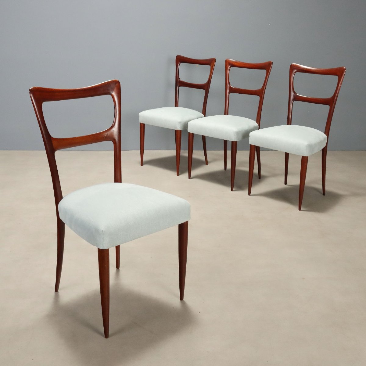 Sedie Vintage Mogano Tessuto Bianco Rinnovato Design Italia Anni 50 Originali