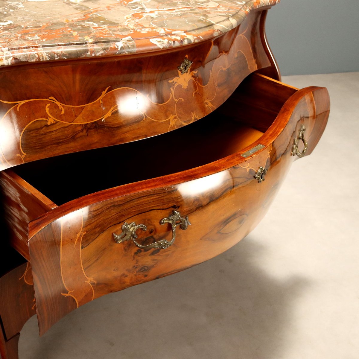 Cassettone Barocchetto Lombardo Antico Noce Marmo Italia XX Secolo Originale-photo-2