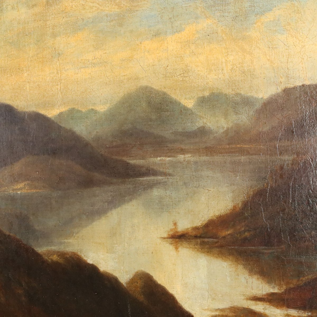 Dipinto Antico Paesaggio Montano con Lago Olio su Tela 1890 Originale-photo-2