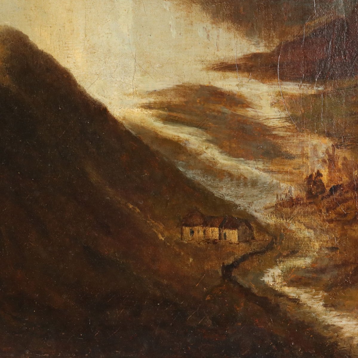 Dipinto Antico Paesaggio Montano con Lago Olio su Tela 1890 Originale-photo-1