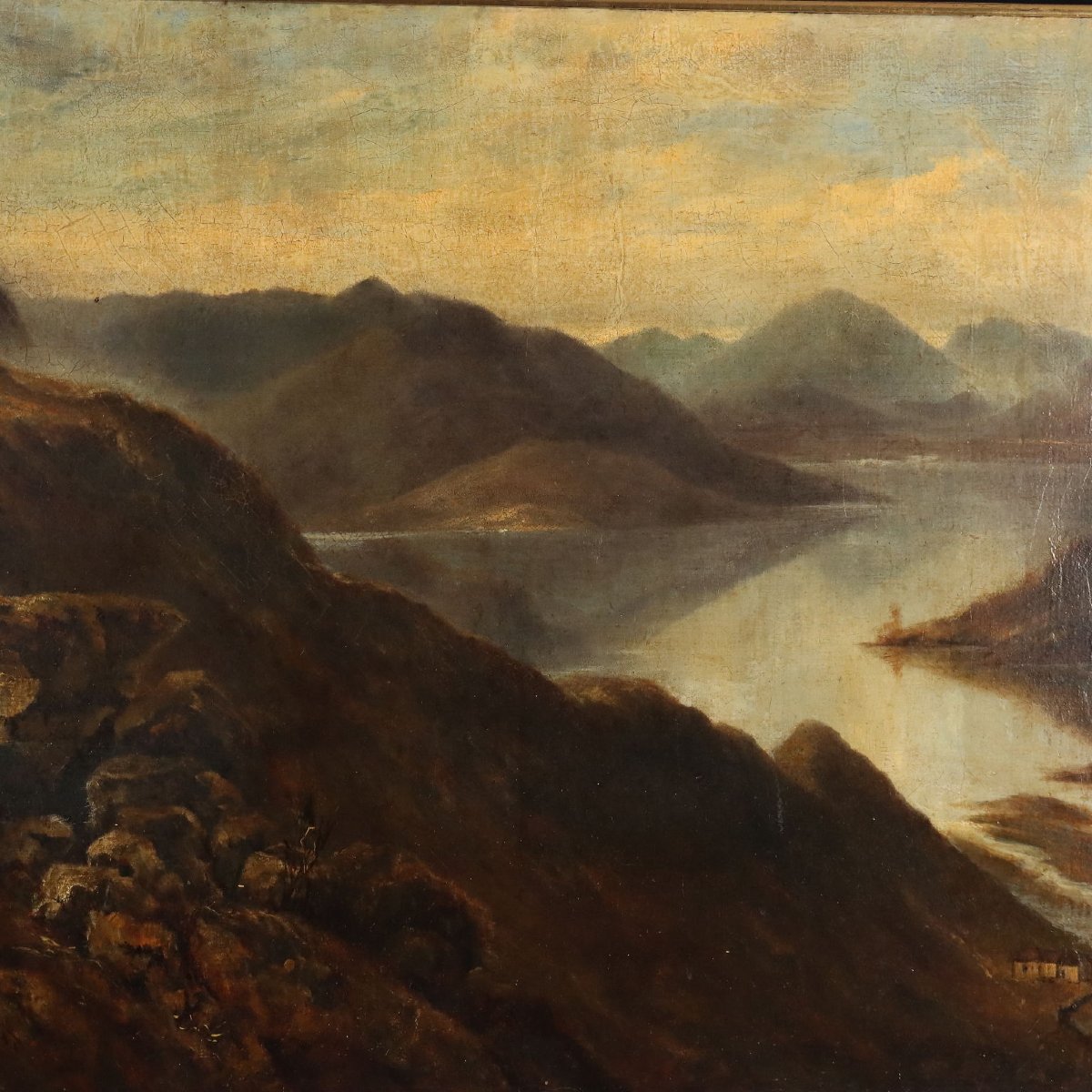 Dipinto Antico Paesaggio Montano con Lago Olio su Tela 1890 Originale-photo-2