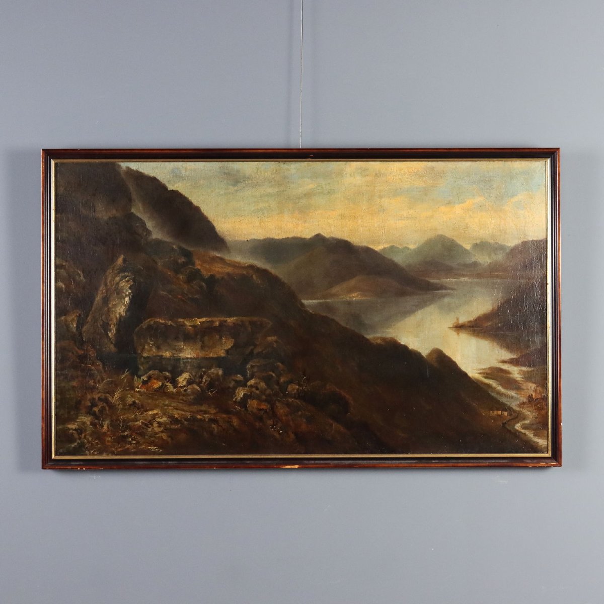 Dipinto Antico Paesaggio Montano con Lago Olio su Tela 1890 Originale