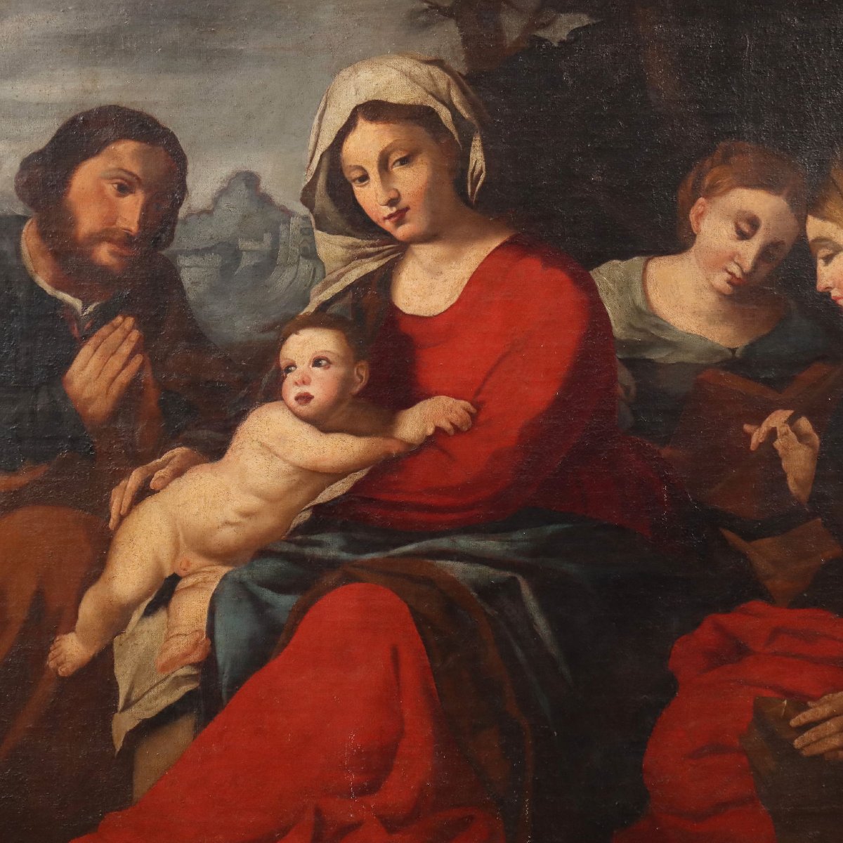 Copia da Jacopo Palma il Vecchio Dipinto Antico Sacra Conversazione XVII Secolo-photo-3