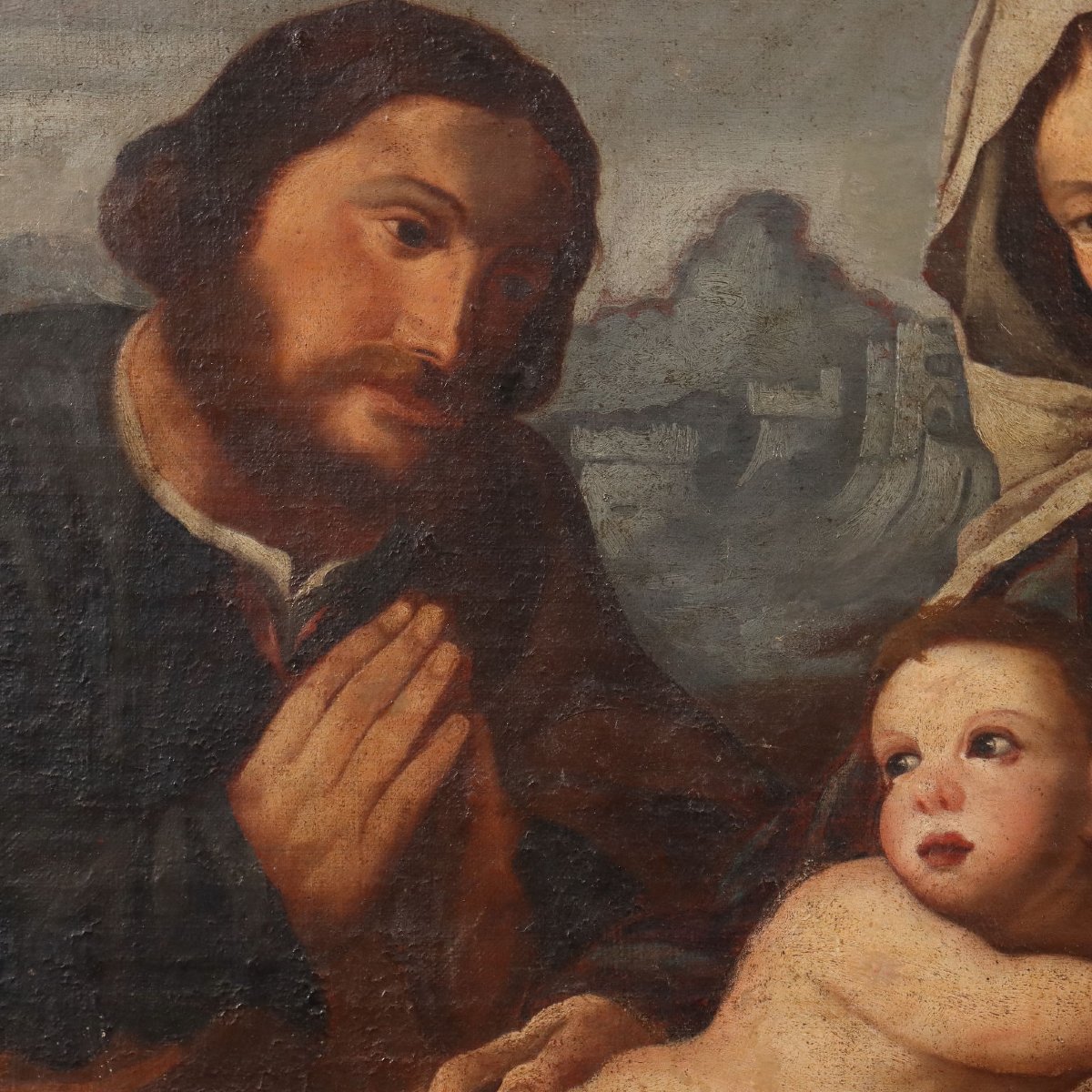 Copia da Jacopo Palma il Vecchio Dipinto Antico Sacra Conversazione XVII Secolo-photo-2