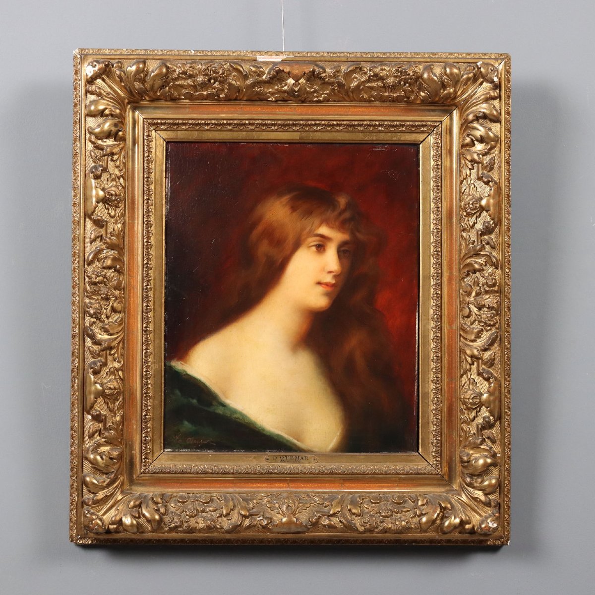Edouard D'Otemar Ritratto Giovane Donna Dipinto Antico Olio su Tavola '800