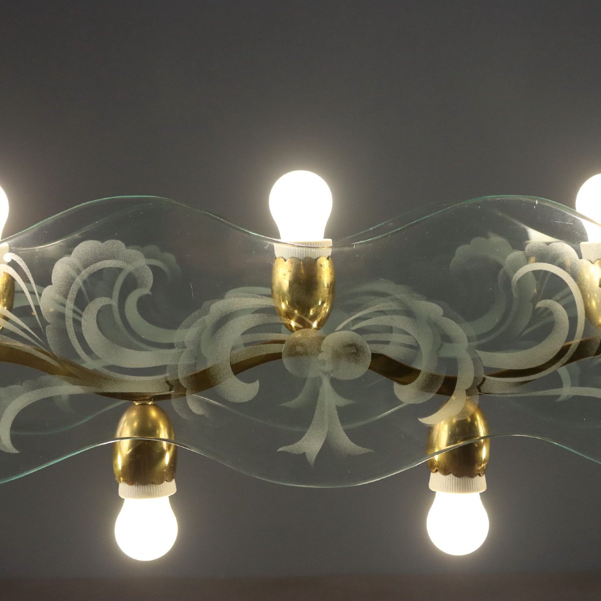 Lampadario Vintage Ottone Vetro Lavorato Design Anni 50 Originale-photo-2