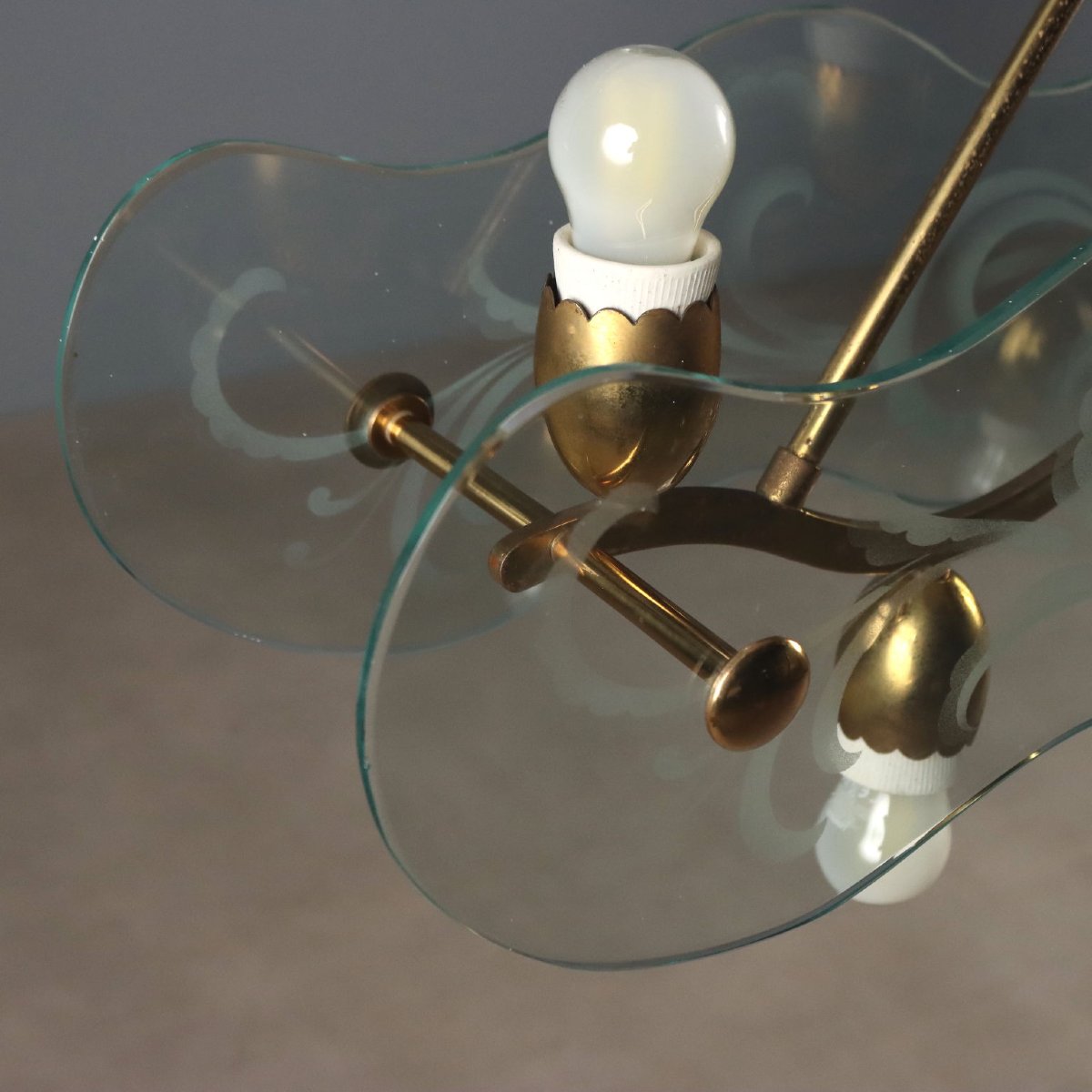 Lampadario Vintage Ottone Vetro Lavorato Design Anni 50 Originale-photo-3