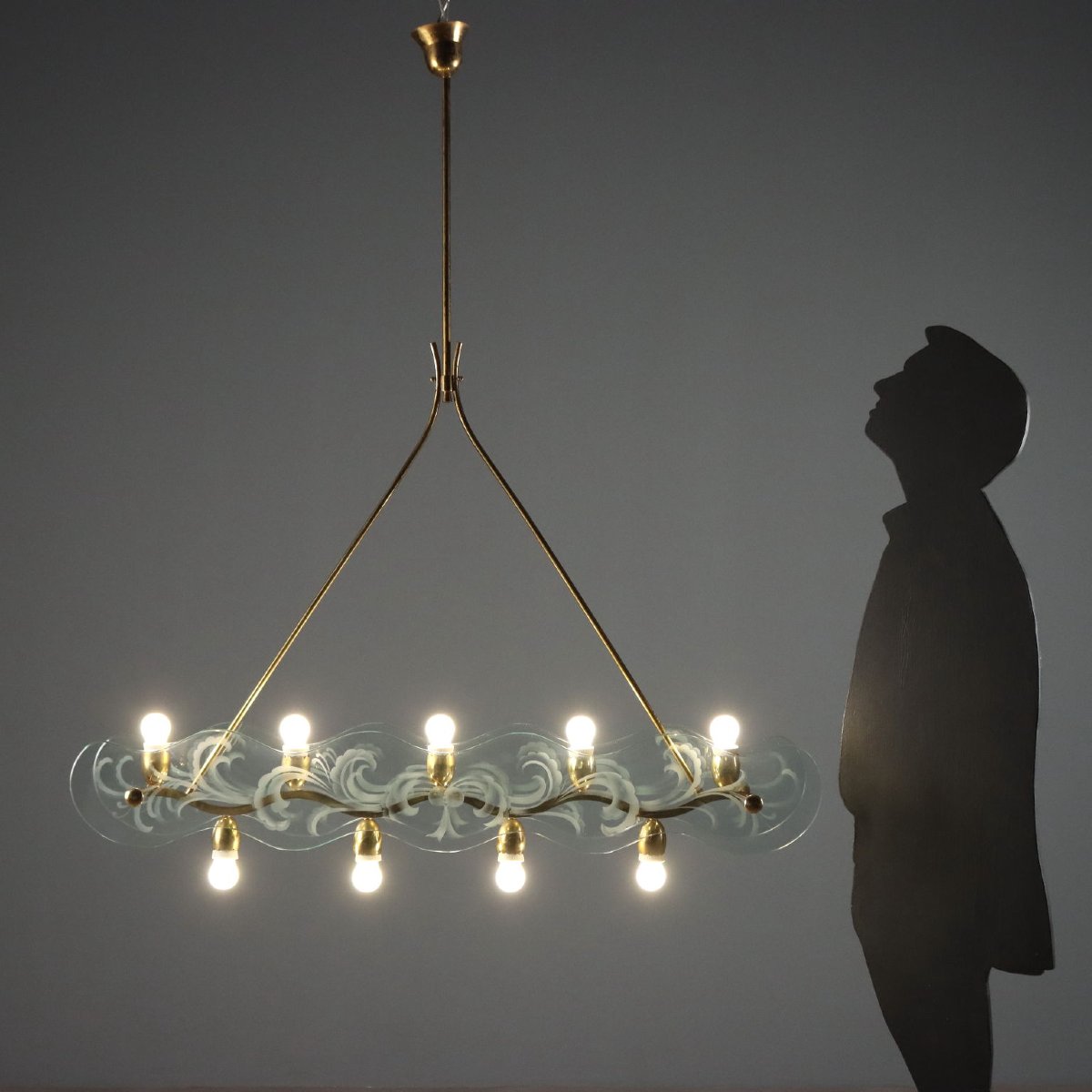 Lampadario Vintage Ottone Vetro Lavorato Design Anni 50 Originale-photo-4