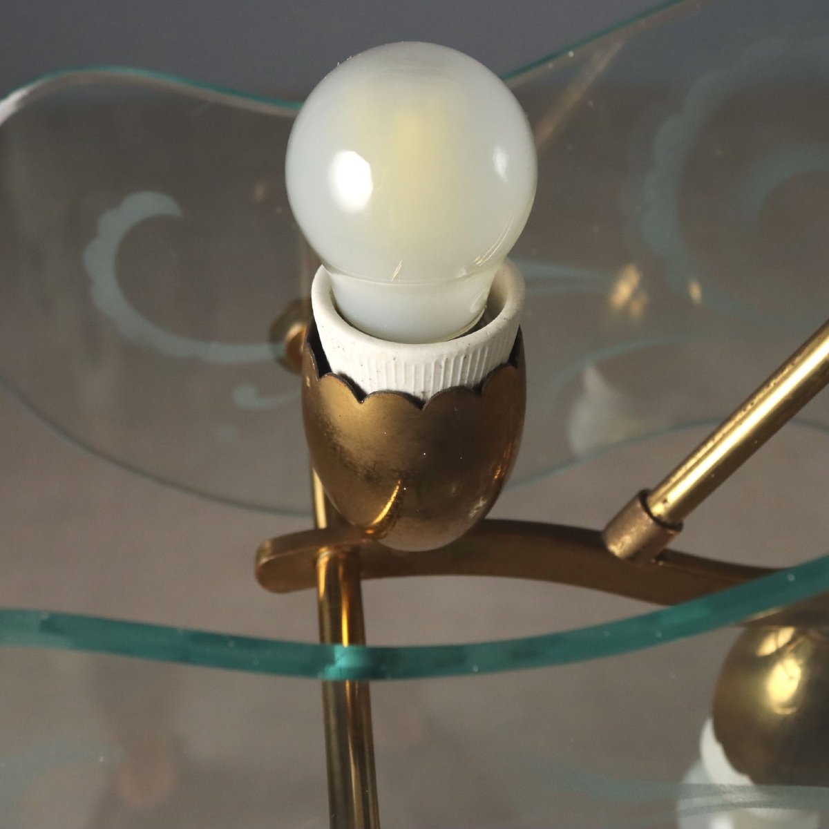 Lampadario Vintage Ottone Vetro Lavorato Design Anni 50 Originale-photo-1