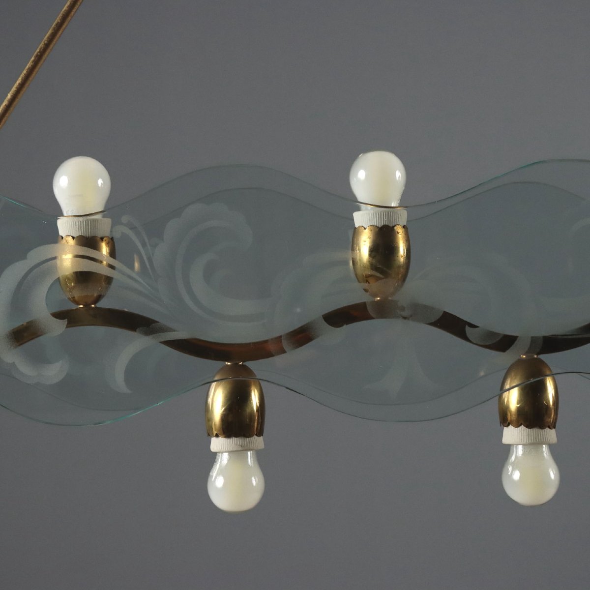 Lampadario Vintage Ottone Vetro Lavorato Design Anni 50 Originale-photo-2