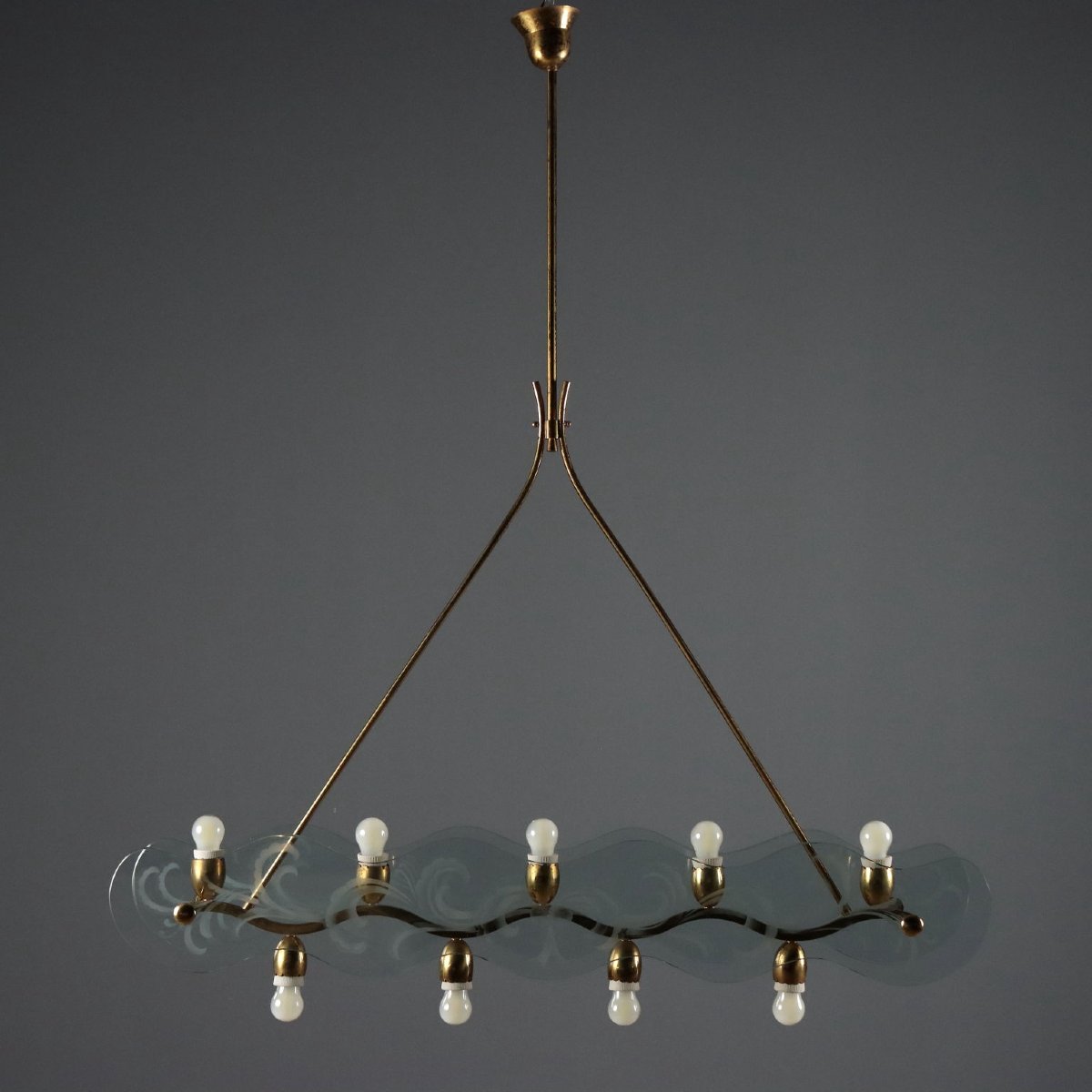 Lampadario Vintage Ottone Vetro Lavorato Design Anni 50 Originale-photo-3