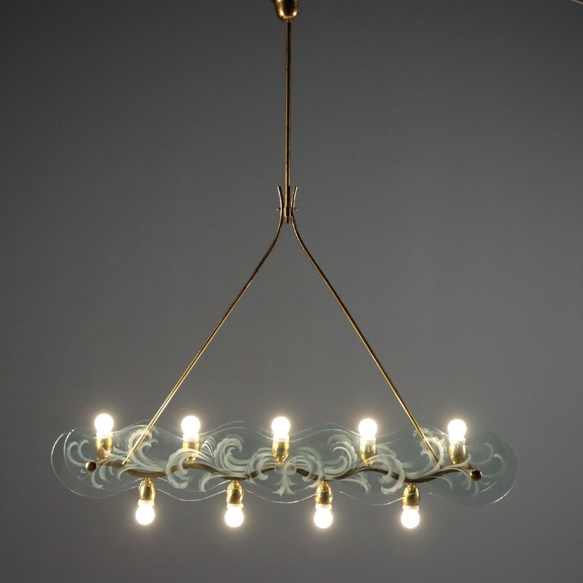 Lampadario Vintage Ottone Vetro Lavorato Design Anni 50 Originale