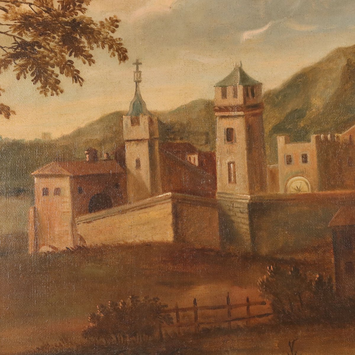 Dipinto Antico Paesaggio con Villaggio Olio su Tela XVIII Secolo Originale-photo-1