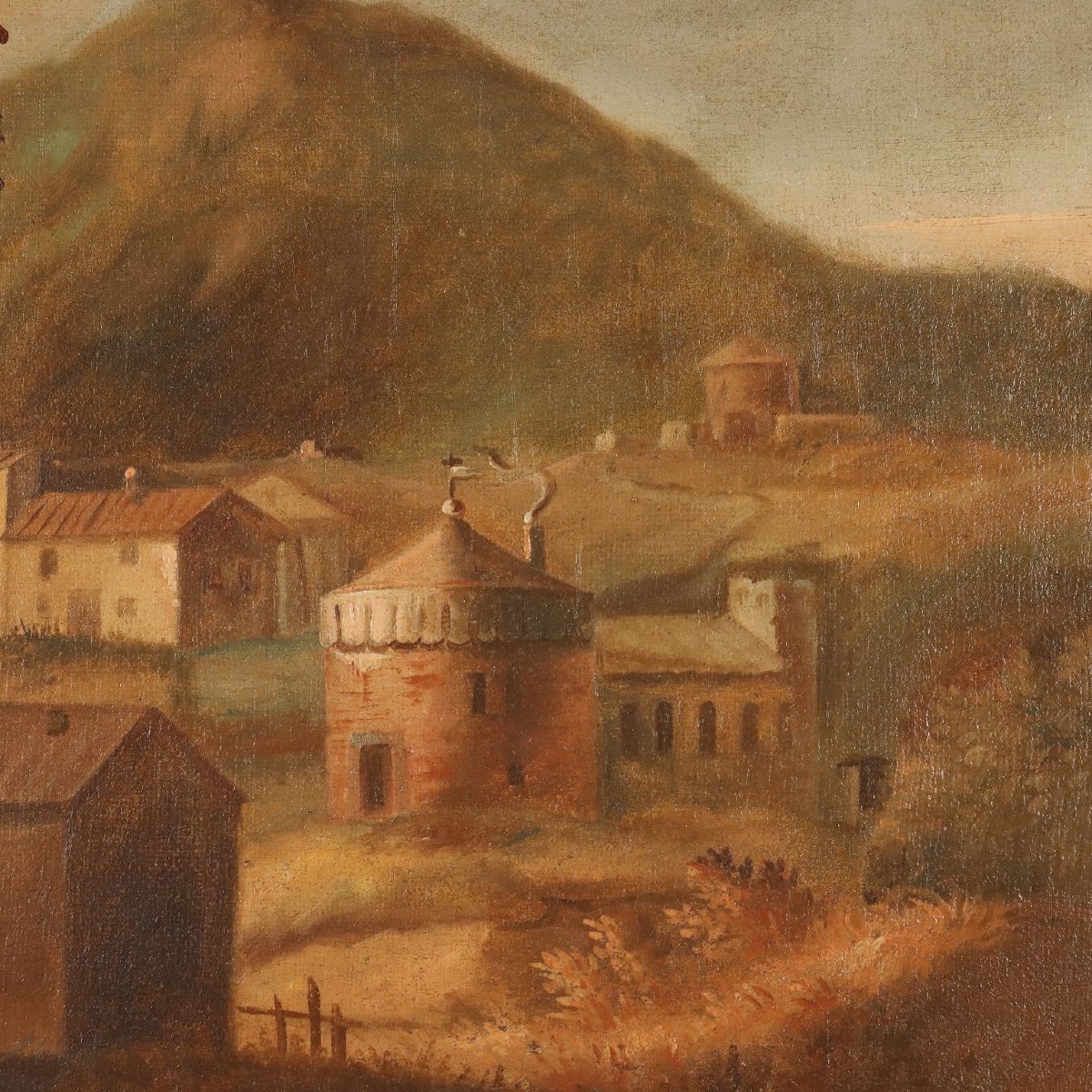 Dipinto Antico Paesaggio con Villaggio Olio su Tela XVIII Secolo Originale-photo-2