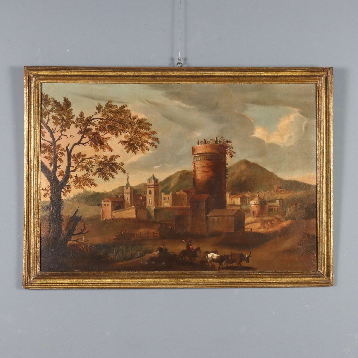 Dipinto Antico Paesaggio con Villaggio Olio su Tela XVIII Secolo Originale