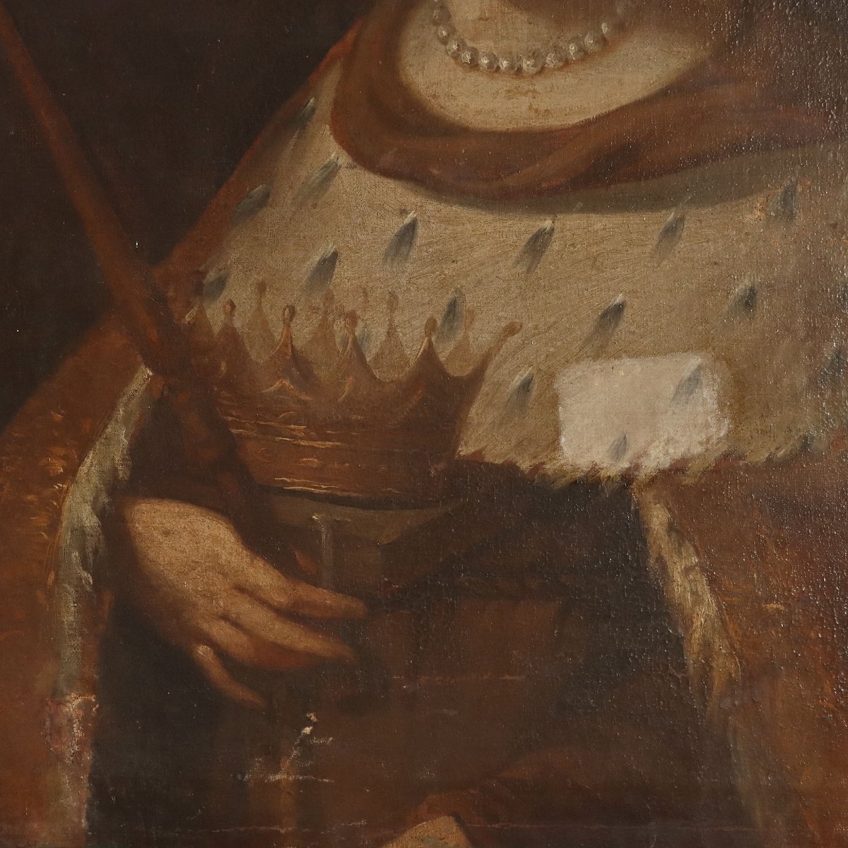 Dipinto Antico Ritratti di Regina e Principe Olio su Tela '600-'700-photo-3