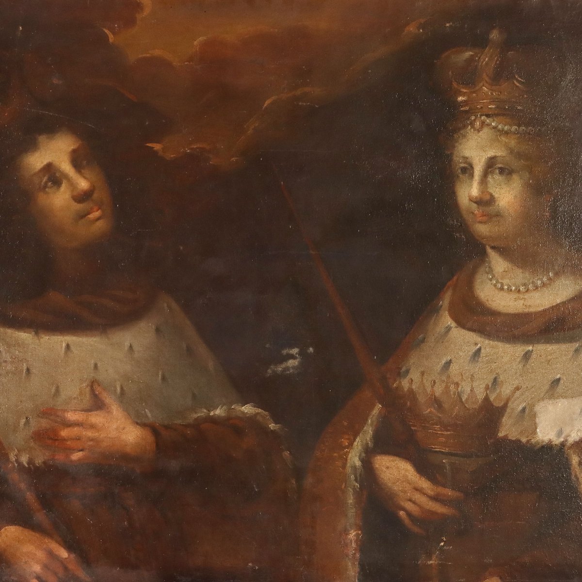 Dipinto Antico Ritratti di Regina e Principe Olio su Tela '600-'700-photo-4