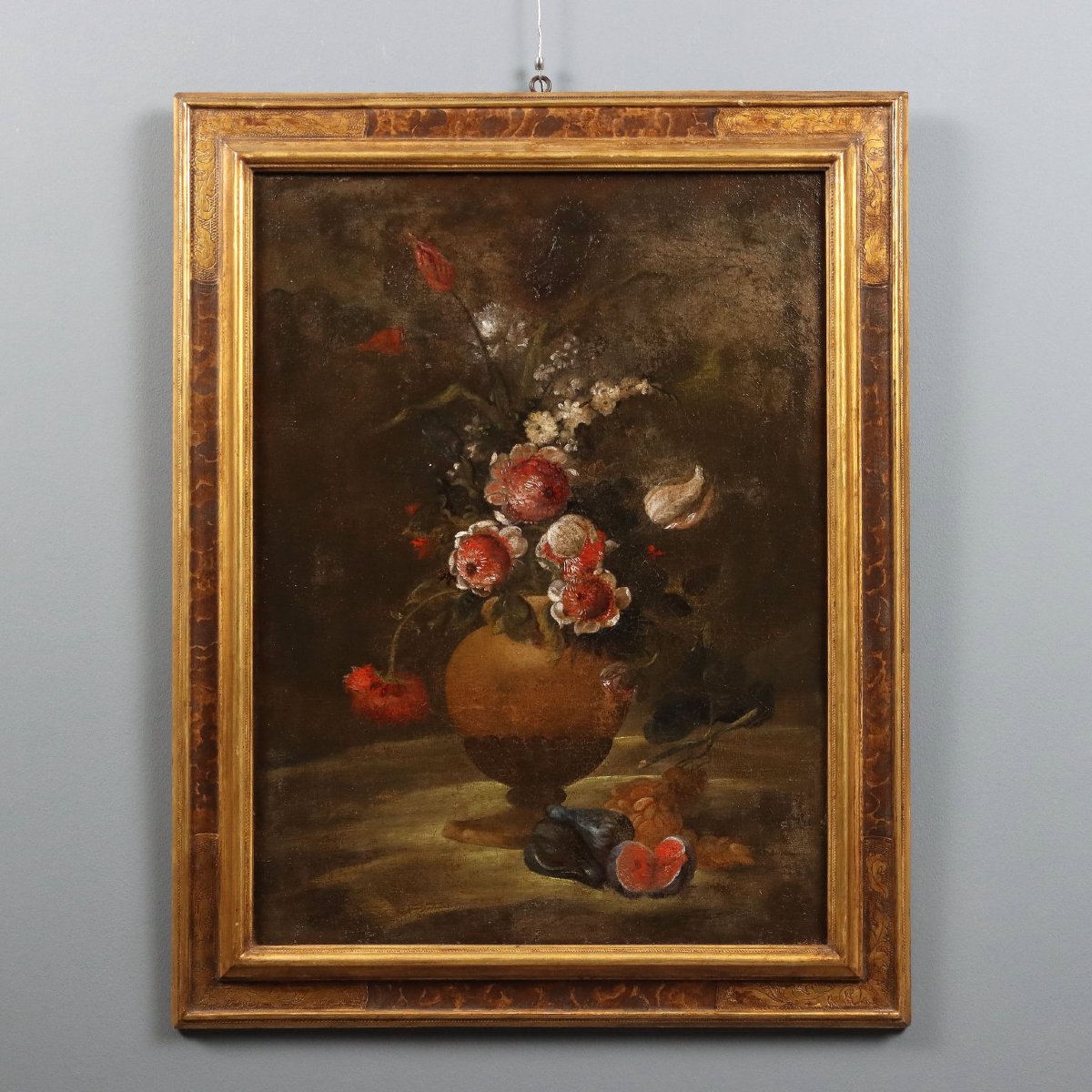 Dipinto Antico Natura Morta con Fiori Olio su Tela Italia XVIII Secolo Originale