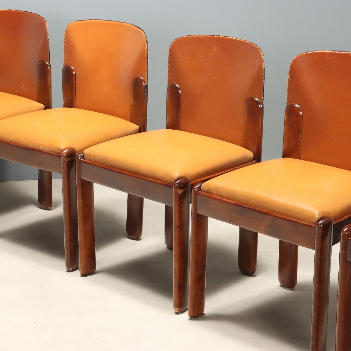 Set 8 Sedie Bernini Vintage Design Silvio Coppola Faggio Pelle Anni 60 Originali-photo-2